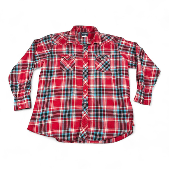 Vintage Wrangler Western Shirt Adult XXL Red Blue Plaid Flannel Pearl Snap Y2K - Picture 1 of 9